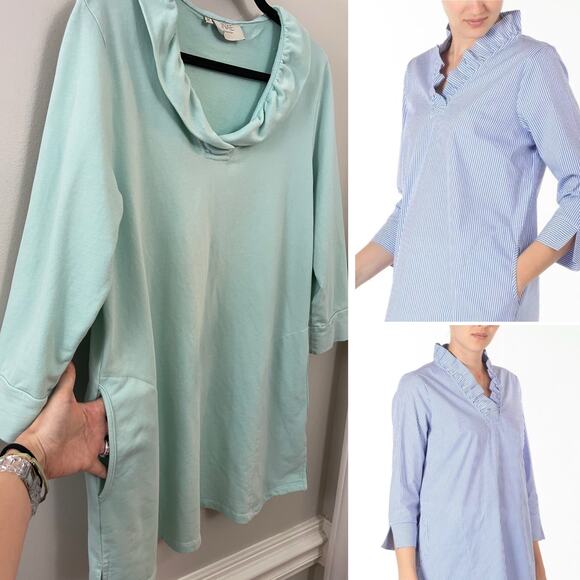 INAE Collection Classic Preppy‎ Coastal Ruffle Neck Jersey Pocket Tunic Dress M - Picture 1 of 11